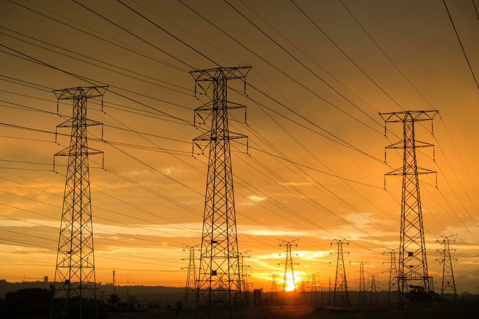 Eskom electrical power lines at sunset in South Africa